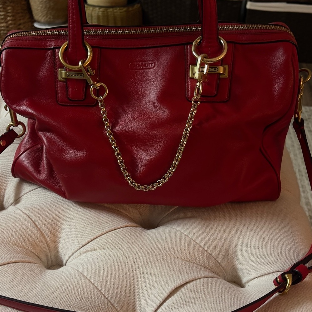 Coach Red Leather Shoulder Bag with Gold Accents